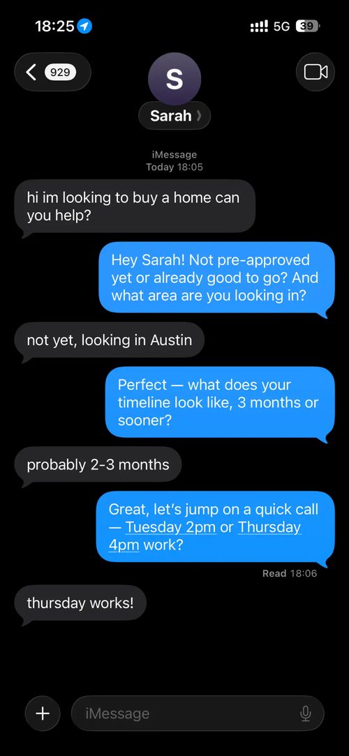 Real iMessage — buyer lead booked for Thursday