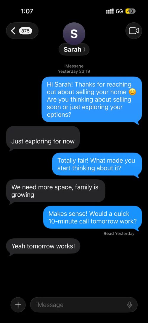 Real iMessage — seller lead booked for call