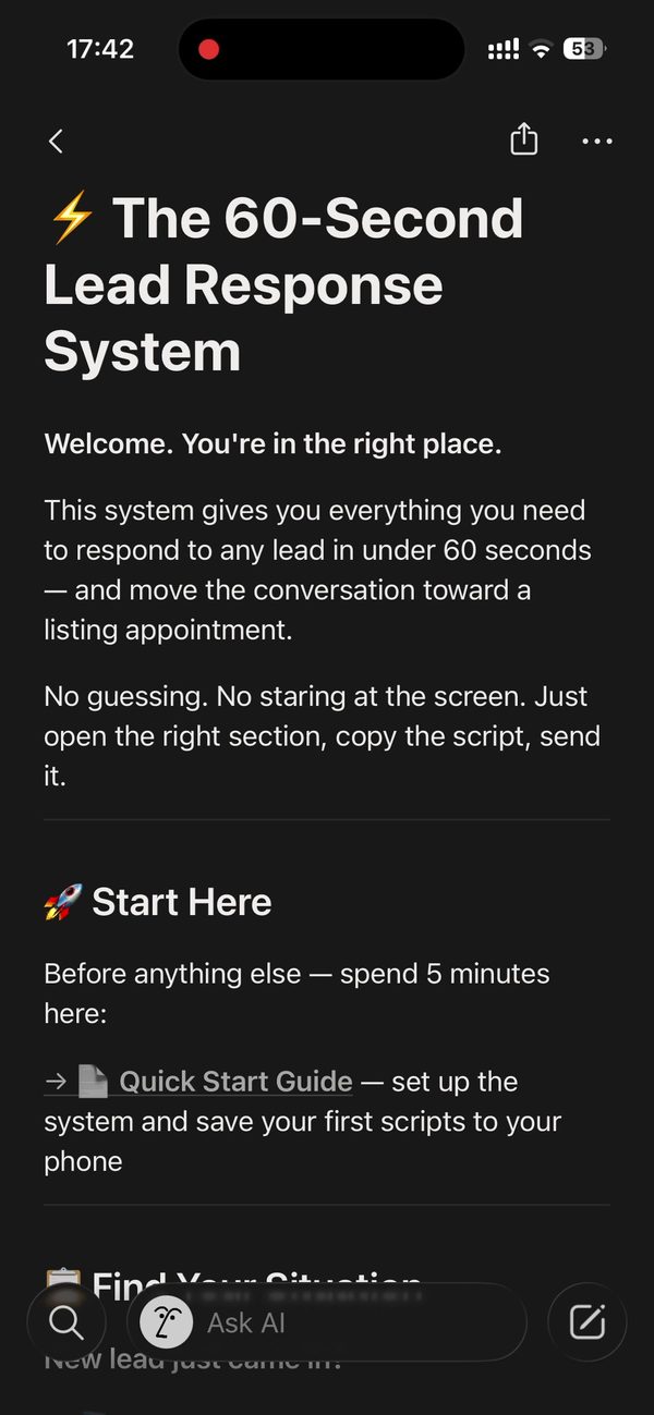 The 60-Second Lead Response System — Notion workspace with 50+ scripts